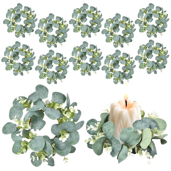 12 Artificial Eucalyptus Candle Rings Set - Boho Style Greenery Candle Wreath Rings with Leaves Garland for Wedding, Table Centerpiece, Pillar Candles & Home Decor (Garland)