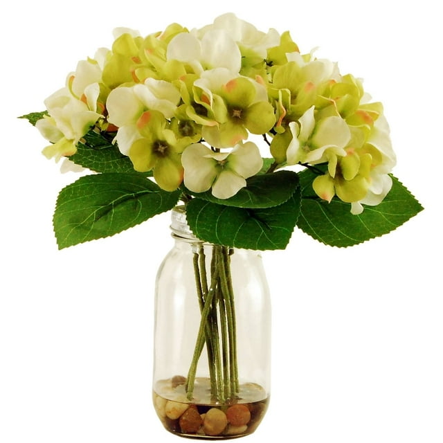 12" Artificial Hydrangeas in a Mason Jar with Wire Grid Lid in Acrylic