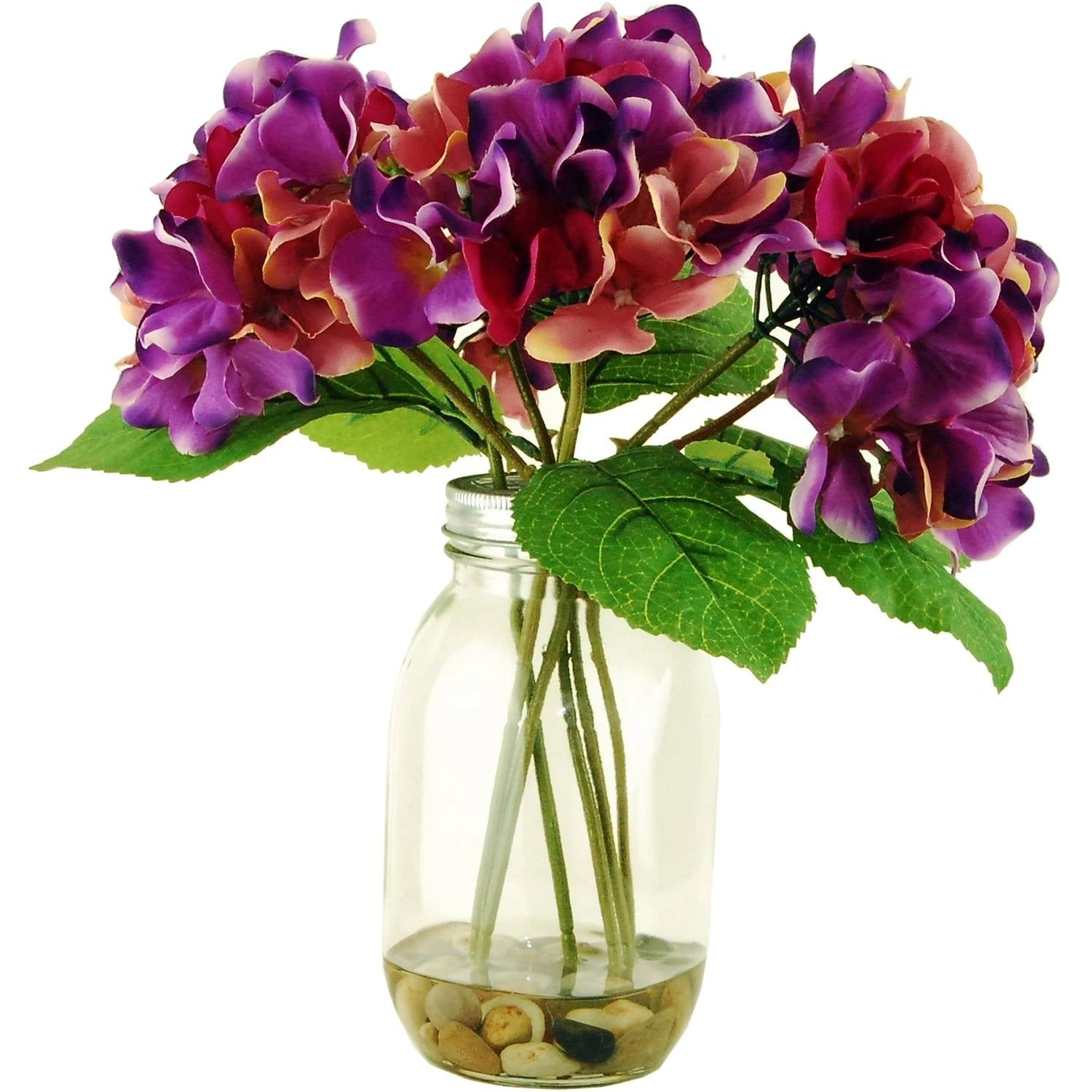 12" Artificial Hydrangeas in a Mason Jar with Wire Grid Lid in Acrylic