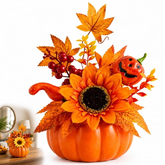 12"Artificial Pumpkin with Sunflowers and Maple Leave | Fall Table Decor, Halloween Thanksgiving Table Centerpieces Decoration
