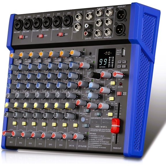 12- Audio Interface Mixer Board with Reverb Effect | studio mixing console with XLR mic jack, 99 DSP effects, and +48V phantom power for karaoke, streaming