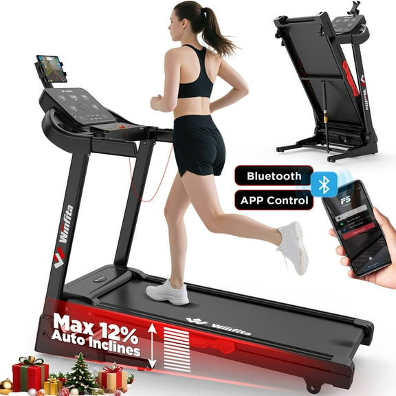 Winfita Incline Treadmill, 0-12% Auto Incline Treadmill for Home, Foldable, 300 lbs Capacity, Wide Belt, 3.5 HP, 8MPH, 14.2"LED Screen, 2 Layers Shock-Absorbing, Bluetooth App, Adjustable iPad Holder