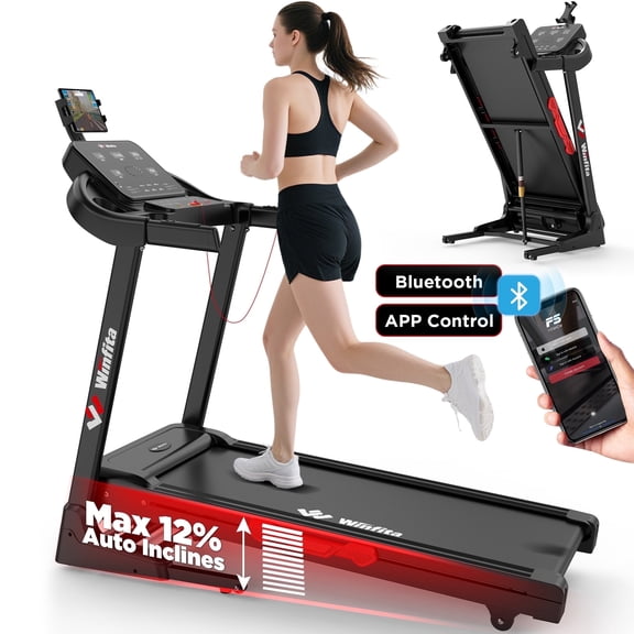 Winfita Treadmill with Auto Incline for Home, Folding Treadmill 300 lbs Capacity, 17" Wide Belt, 3.5 HP Motor, 8MPH, 14.2"LED Screen, 2 Layers Shock-Absorbing, Bluetooth App, Adjustable iPad Holder