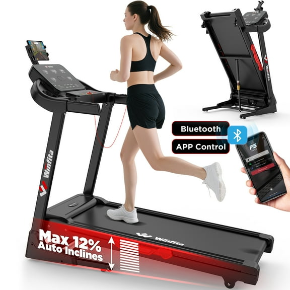 Winfita Incline Treadmill, 0-12% Auto Incline Treadmill for Home, Foldable, 300 lbs Capacity, Wide Belt, 3.5 HP, 8MPH, 14.2"LED Screen, 2 Layers Shock-Absorbing, Bluetooth App, Adjustable iPad Holder