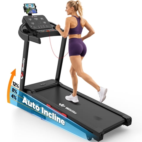 Winfita Treadmill with Auto Incline for Home, Folding Treadmill 300 lbs Capacity, 17" Wide Belt, 3.5 HP Motor, 8MPH, 14.2"LED Screen, 2 Layers Shock-Absorbing, Bluetooth App, Adjustable iPad Holder