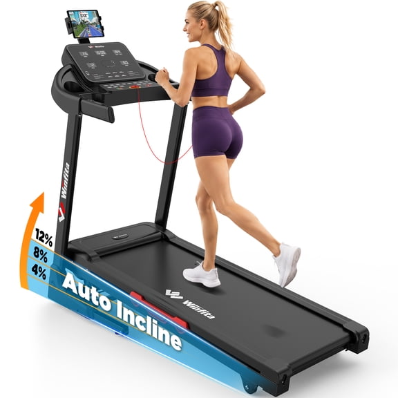 Winfita Treadmill with Auto Incline for Home, Folding Treadmill 300 lbs Capacity, 17" Wide Belt, 3.5 HP Motor, 8MPH, 14.2"LED Screen, 2 Layers Shock-Absorbing, Bluetooth App, Adjustable iPad Holder