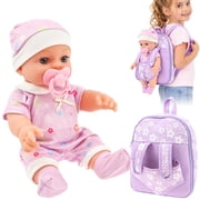 12" Baby Doll with Flower Pattern Backpack Carrier, Realistic Baby Dolls with Clothes and Accessories Hanky Pacifier Pretend Play Collection for 3+ Child Girls Gifts