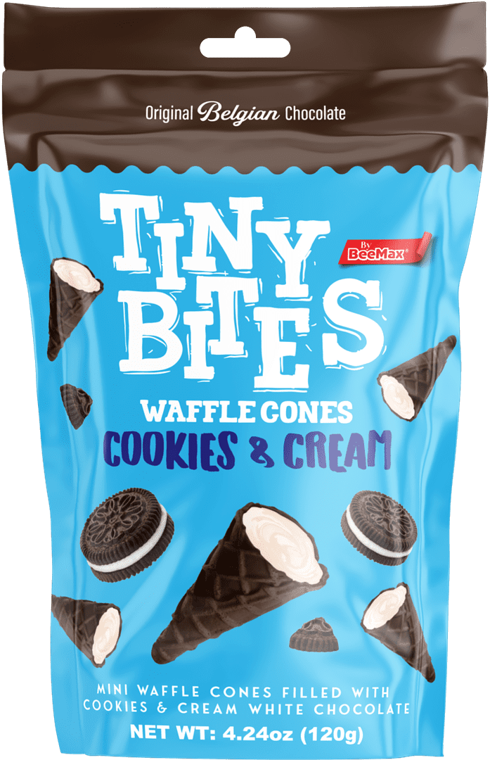 12 Bags of Tiny Bites Dark Chocolate COOKIES & CREAM Flavored Cream Filled Mini Waffle Cones 4.24 oz