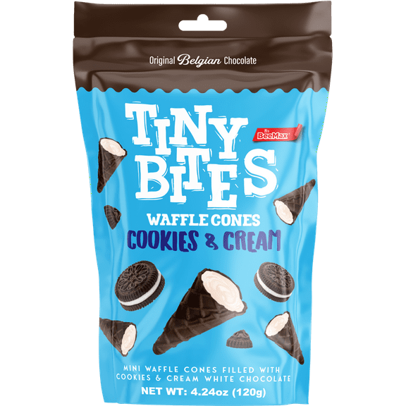 12 Bags of Tiny Bites Dark Chocolate COOKIES & CREAM Flavored Cream Filled Mini Waffle Cones 4.24 oz