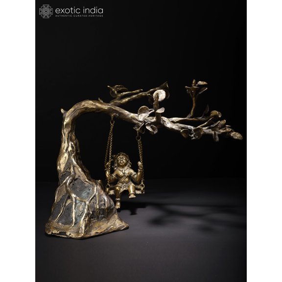 12" Bal Krishna Idol on Swing | Brass and Stone Sculpture