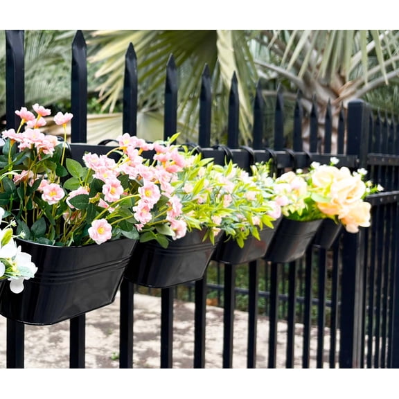 12" Balcony Railing Planters, Outdoor Hanging Planter for Fence, Stylish Metal Porch Deck Flower Pot for Herbs & Succulents (Black, Pack of 8)