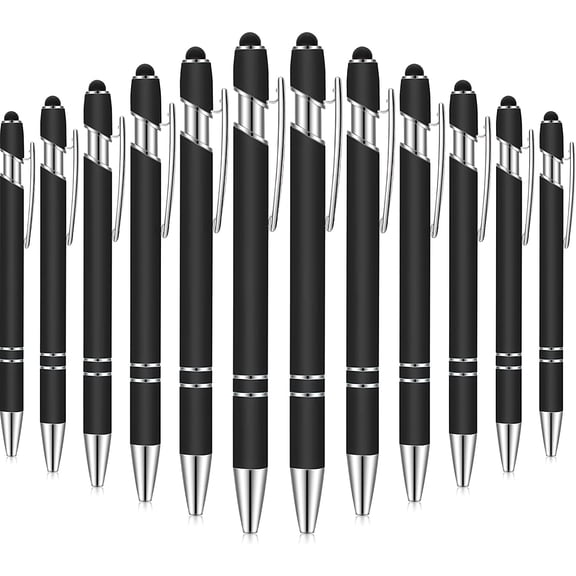 12 Ballpoint Pens with Stylus Tips, 1.0mm Black Ink Metal