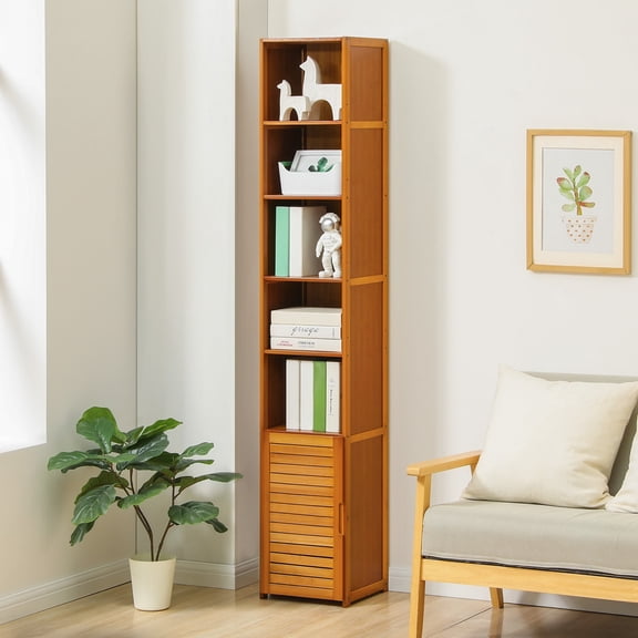 12" Bamboo [ADJUSTABLE SHELF] 7-Tier Book Storage Shelves w/Shutter Door Cabinet