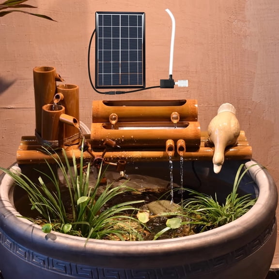 12" Bamboo Fountain Kit with Pump & Solar Powered Water Fountain with Water Wheel for Feng Shui Zen Indoor Outdoor Garden Patio