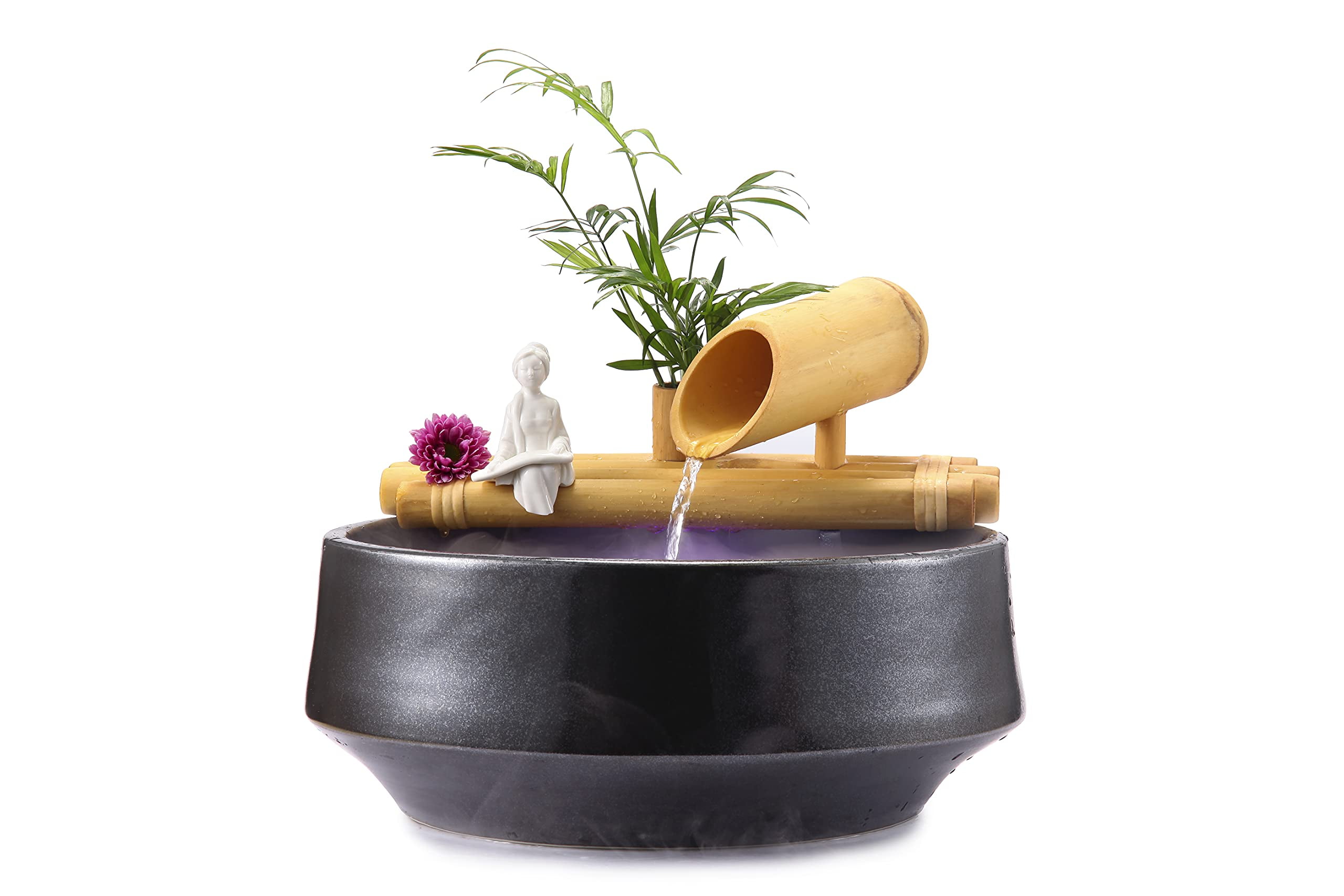 12" Bamboo Fountain with Plant Holder and Black Bowl