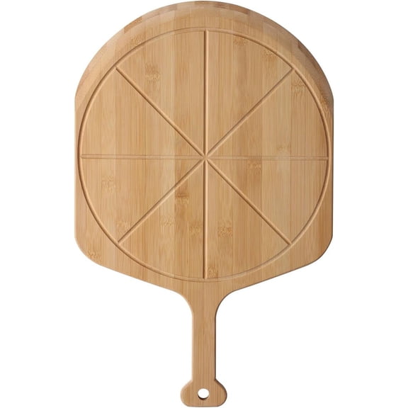 Fiery Chef 12 Bamboo Pizza Peel - Lightweight Smooth Wooden Paddle and Cutting Board with 8 Slice Grooves, Outdoor Oven Accessories, 17.3 Inch x 12.2
