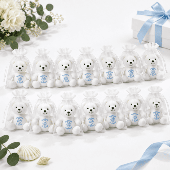 12 Baptism Mini Plush Bears, Soft Stuffed Animal Keepsakes for Religious Celebrations