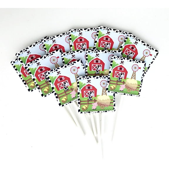 12 Barnyard Cupcake Toppers - Farm Animals Cake Picks Birthday Decoration Party Supplies, Neutral Baby Shower Themed