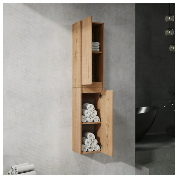 12" Bathroom Side Cabinet, 2-Soft Close Doors, Float Mounting Design, 12*2(KD-Packing) + Imitative Oak + 2 + Bathroom + Wall Mounted + Modern + Plywood + Plywood