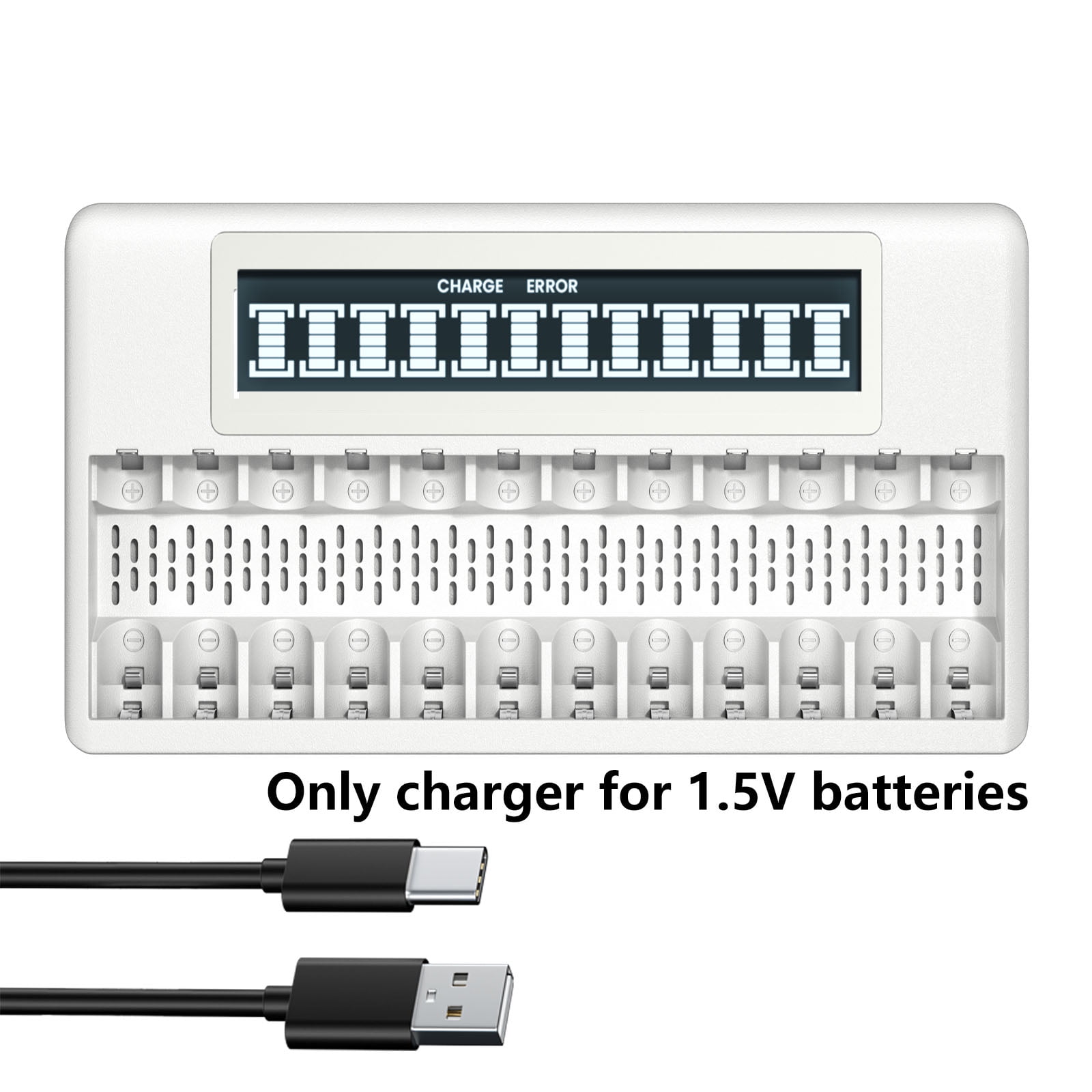 12 Bay AA Batteries or AAA Batteries Smart LCD Display Quick Independent Battery Charger for 1.5V Lithium Batteries with USB Cable