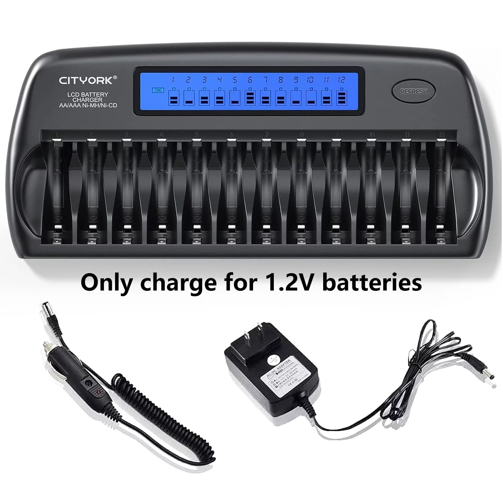 12 Bay Household Rechargeable Battery Charger for 1.2v AA AAA Ni-MH/Ni-CD Rechargeable Batteries with Refresh Function with AC Wall Adapter