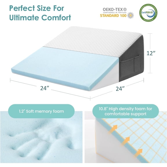 12" Bed Wedge Pillow for Sleeping After Surgery, Back Support, Leg Elevation, Gerd Acid Reflux, Relief Neck Pain, Sleep Apnea, Snoring, Cooling Memory Foam Triangle Incline Wedge
