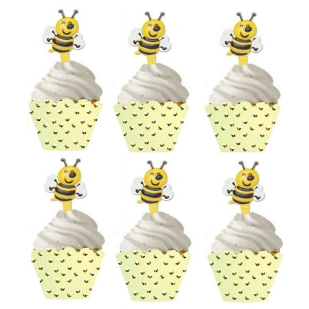 12 Bee Cupcake Picks & 12 Bee Baking Cupcake Decoration Wrappers