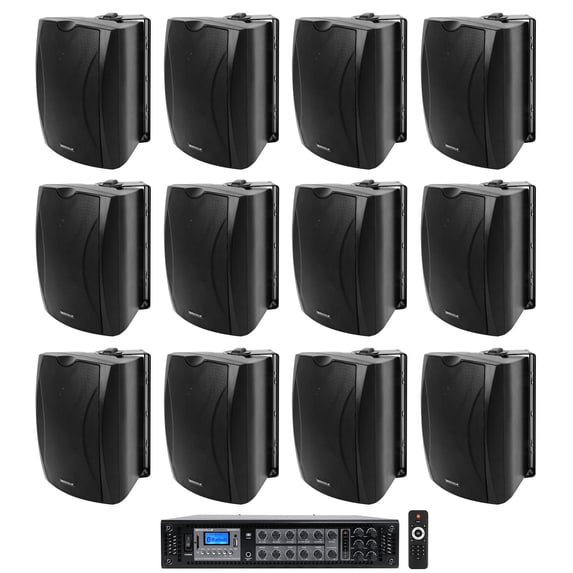 12) Black 5.25" Wall Speakers+70v Amplifier For Restaurant/Office/Cafe/Bar/Hotel