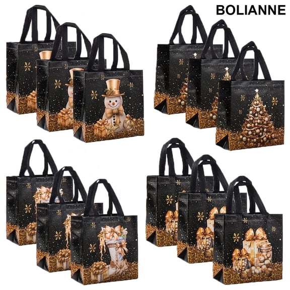BOLIANNE 12 Black Christmas Bag with Handle, Reusable Non-Woven Tote Gift Bags for Wrapping Xmas Party Favors, 9x8.67x4.3 inches