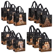 12 Black Christmas Bag with Handle, Reusable Non-Woven Tote Gift Bags for Wrapping Xmas Party Favors, 9x8.46x4.33 inches