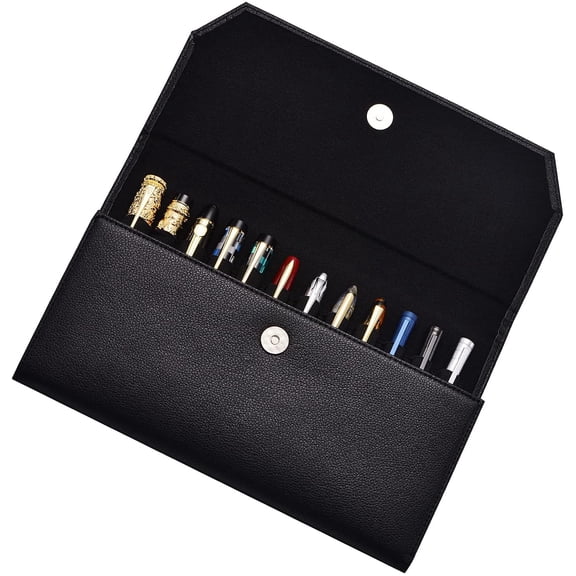 12 Black Fountain Pen Case PU Leather Organizer Bag Portfolio, Waterproof Canvas Pen Display Holder with Divider Slot B