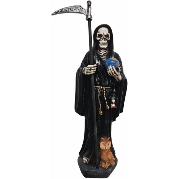 12" Black Holy Death Statue Santa Muerte Negra Grim Reaper Owl World