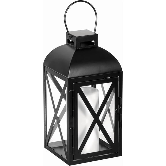 12" Black Metal Pillar Candle Lantern, Swing-Open Door & Hanging Ring, Indoor/Outdoor Use with Glass Window Protection, Steel & Tempered Glass Construction, Medium