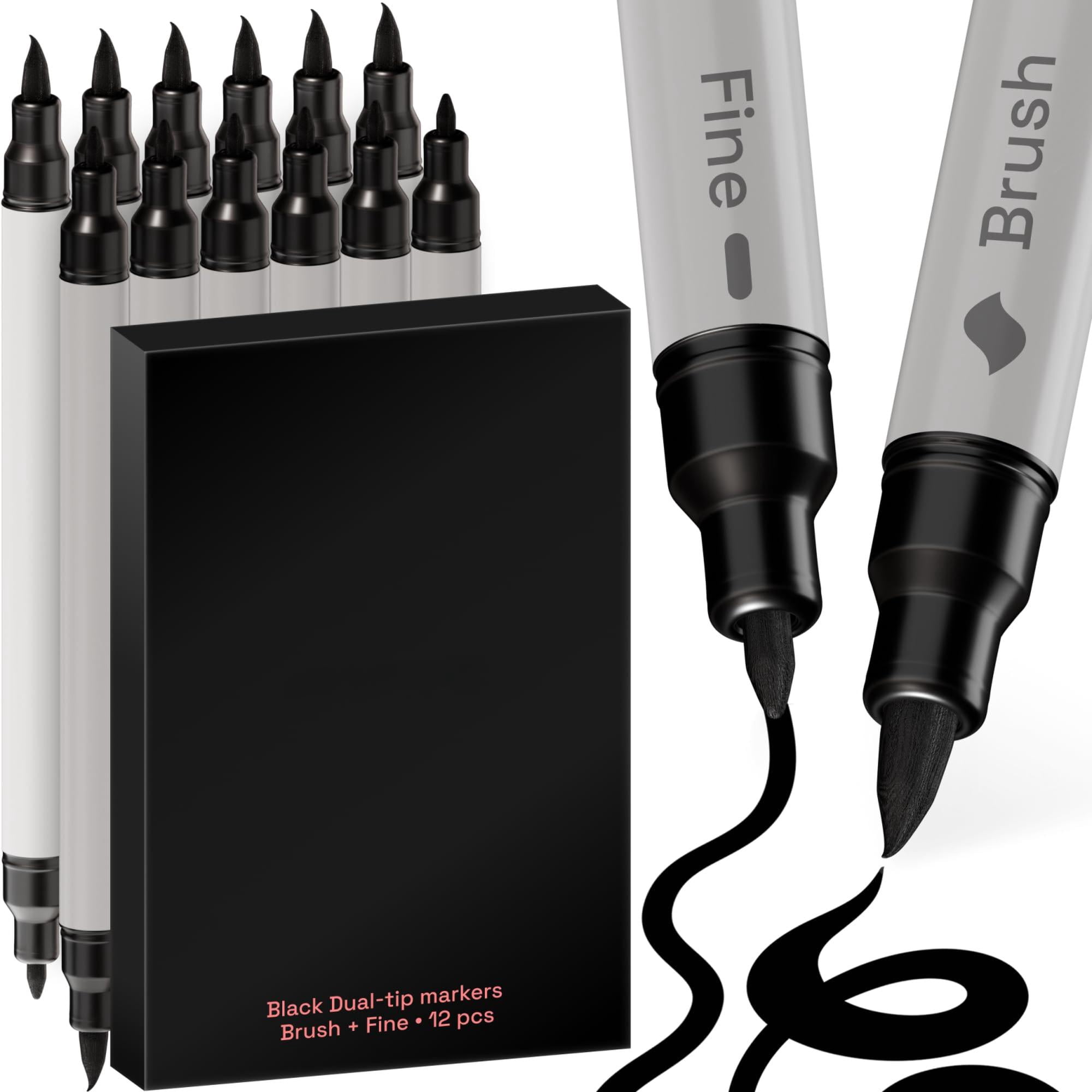 12 Black Paint Markers - Pens For Drawing  Brush + Fine Tips Fabric Rock Glass Wood Diy Art & Craft Supplies Adults Teens Teacher Appreciation Gift