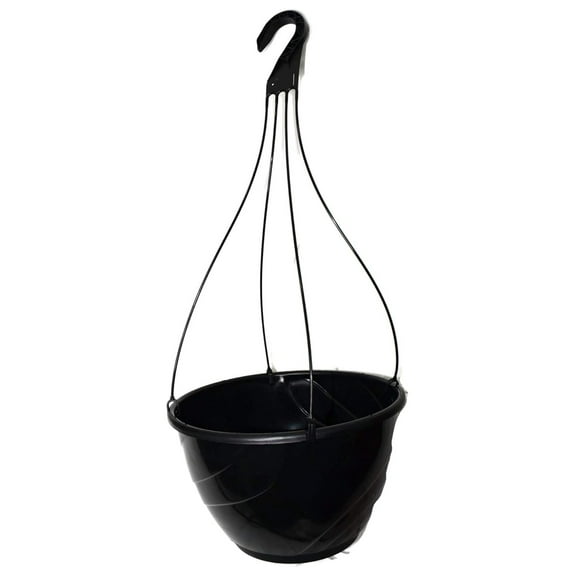 12" Black Plastic Hanging Basket with Saucer - Outdoor Flower & Plant Pot with 22" Hanger - Decorative Planter for Patios, Porches & Gardens