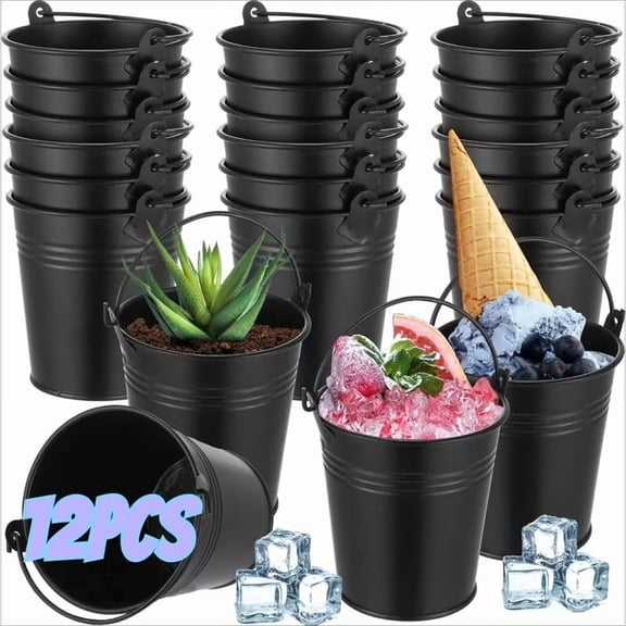12 Black Plastic Mini Buckets with Handles Oval Storage for Home Garden Party
