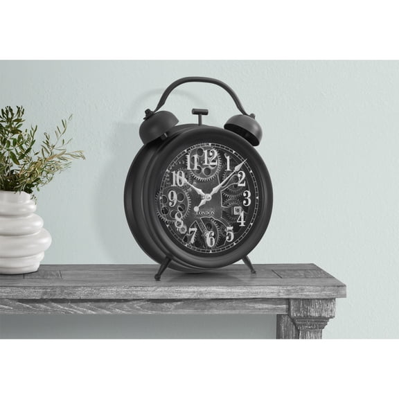 12" Black Round Table Clock, Gear Mechanism Transitional Desk Clock