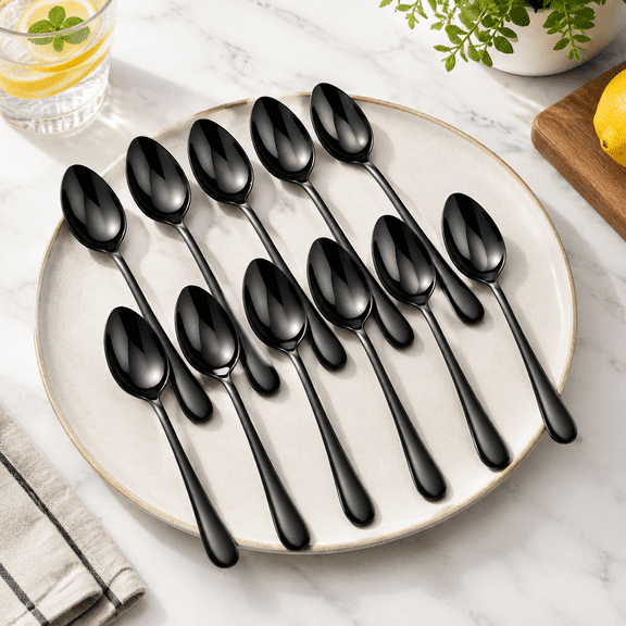 12 Black Spoonsware 6.8 Inch Stainless Steel Teaspoons Set