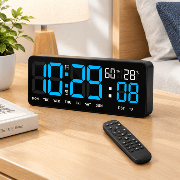 12" Blue WiFi Digital Wall Clock with Dual Alarms, Remote Control and Auto DST