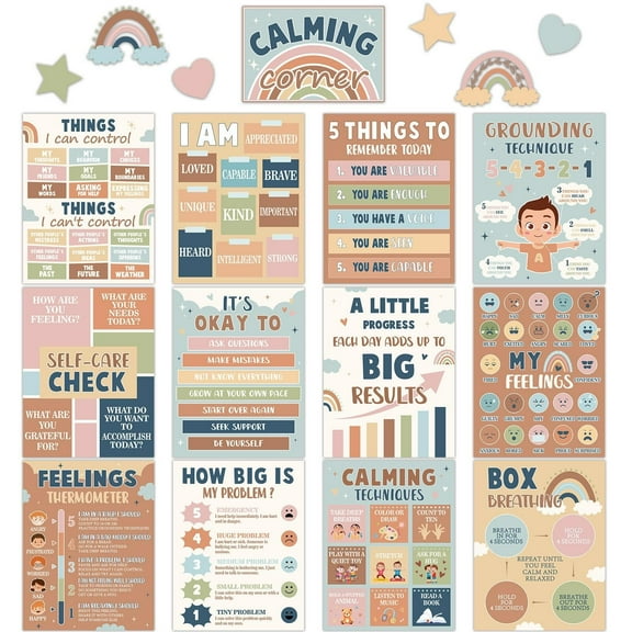 12 Boho Calming Corner Classroom Posters Calm Down Corner Emotion Posters Feeling Management Educational Mental Health Poster Back to School Wall Art Bulletin Board Decor for School Office