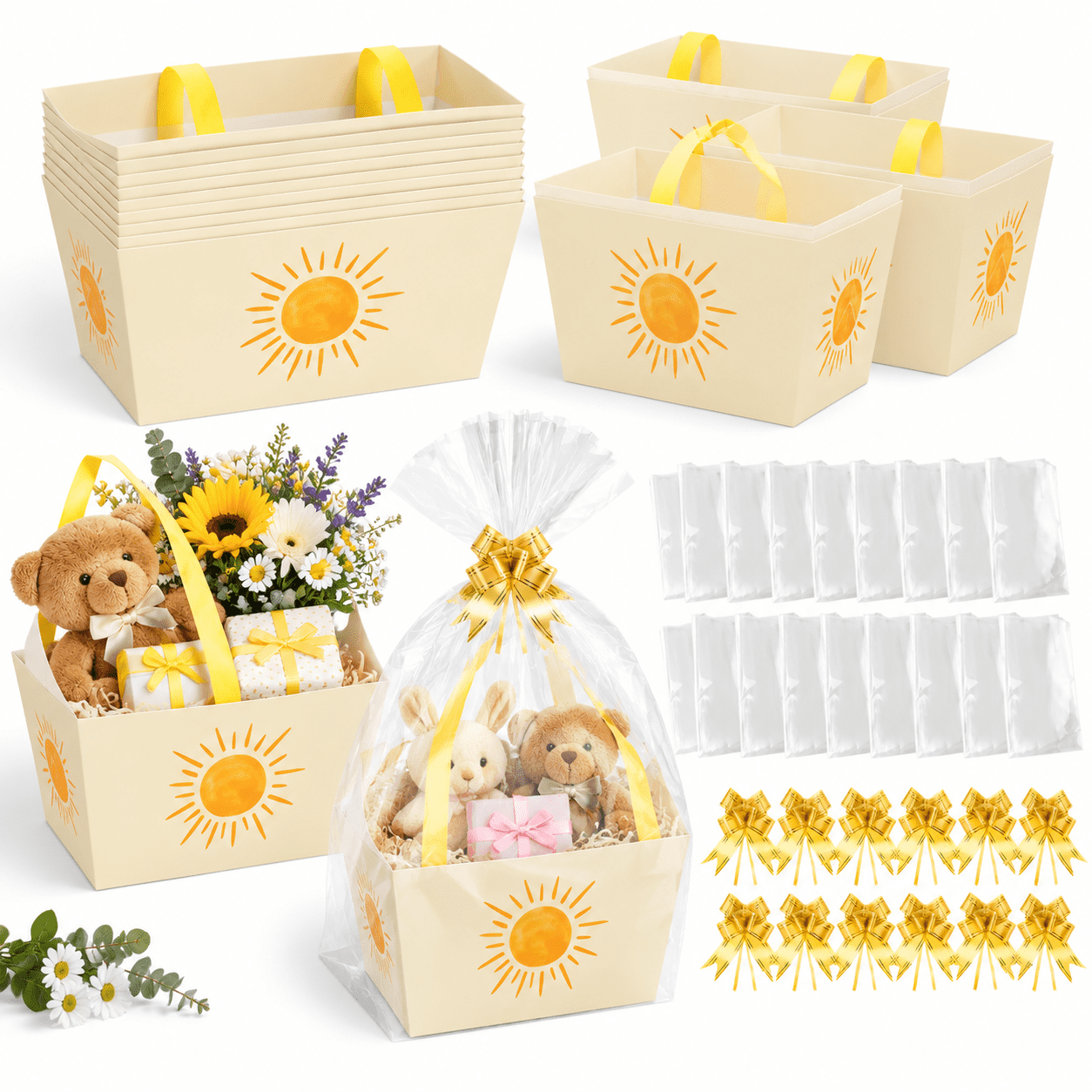 12 Boho Sun Gift Basket Empty With Cellophane Bag & Ribbon Bow ...