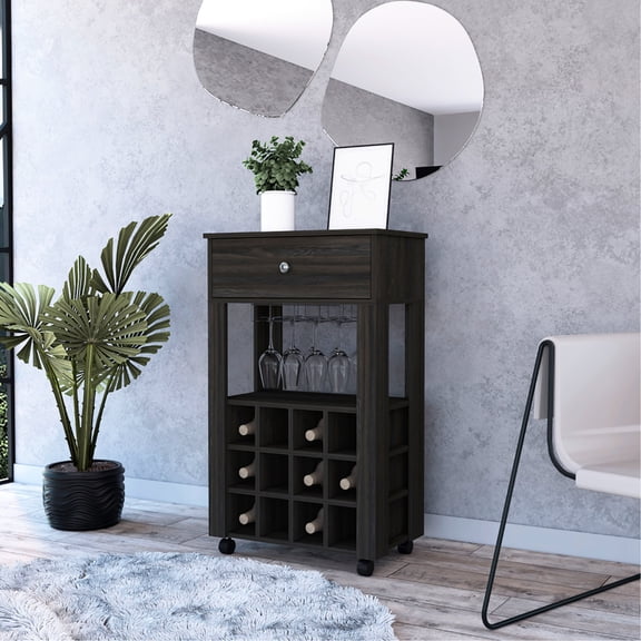 12-Bottle Espresso Wine Holder | Drawer & Shelf for Storage | Particle Board Structure | Solve Wine Storage Problem