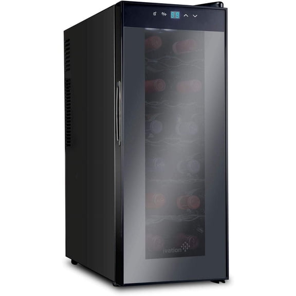 12 Bottle Red And White Wine Thermoelectric Wine Cooler/Chiller Counter Top Wine Cellar with Digital Temperature Display, Freestanding Refrigerator Smoked Glass Door Quiet Operation Fridge
