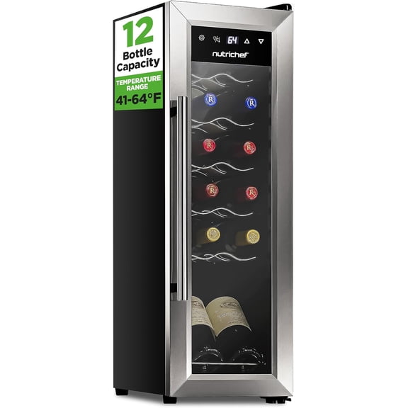 12 Bottle Stainless Steel Slim Wine Fridge | Red & White Wine Chiller | Adjustable Temperature Control, Ultra Quiet Operation & Energy Efficient | Mini Wine Cooler Refrigerator | 31x10x17 IN