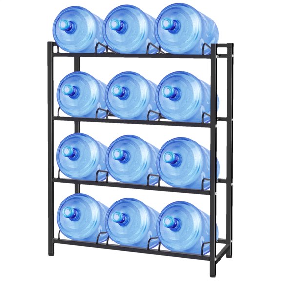 12-Bottle Water Jug Holder, Industrial Carbon Steel Frame, 4-Tier Organizer Rack for Home Dispenser Systems
