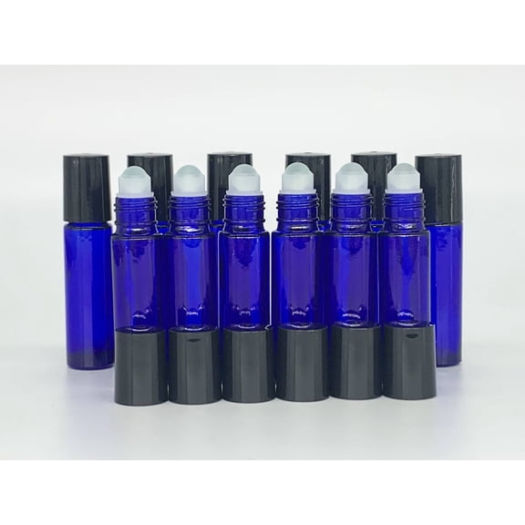 12 Bottles Cobalt Blue 10 ml GLASS Roll On Bottle With Black Cap