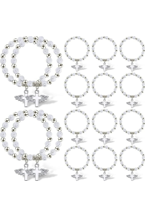 12 Bracelet White Recuerdos De BAUTIZO BAPTISM COMMUNION BEAD ANGEL WING CROSS
