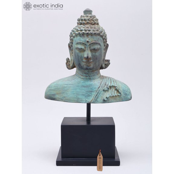 12" Brass Buddha Bust on Wood Base