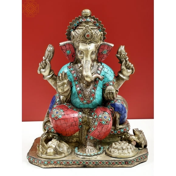 12" Brass Ganesha for Puja | Made in India | Handmade - Brass Statue With Inlay Work