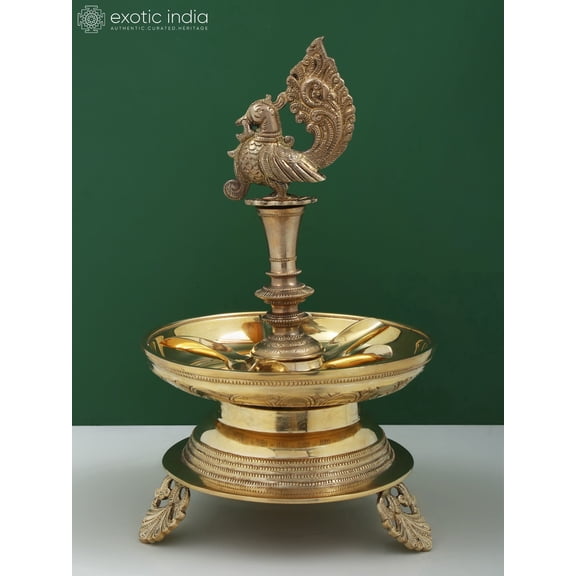 12 Inch Peacock Oil Diya 5-Wick - Elegant Multi-Light